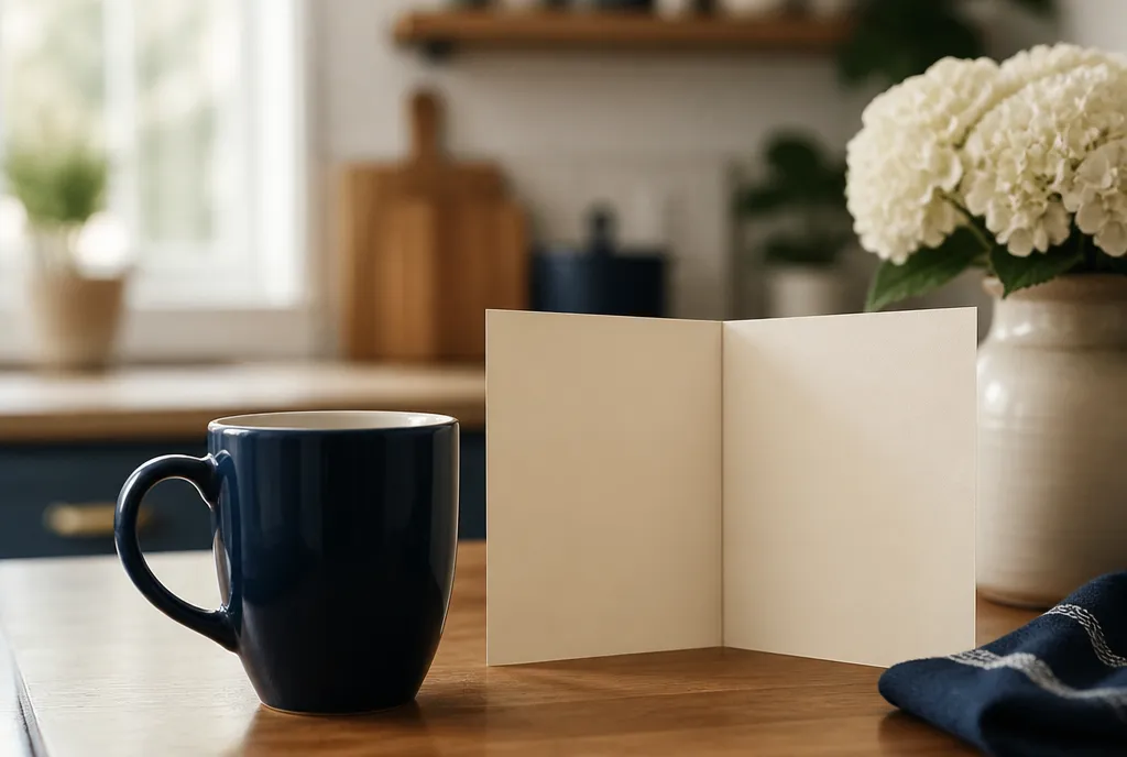 Anniversary mug and birthday card on a kitchen table