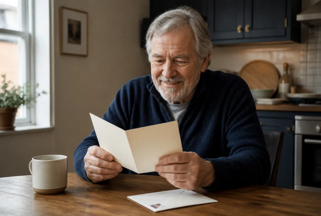 A client reading his greeting card at home