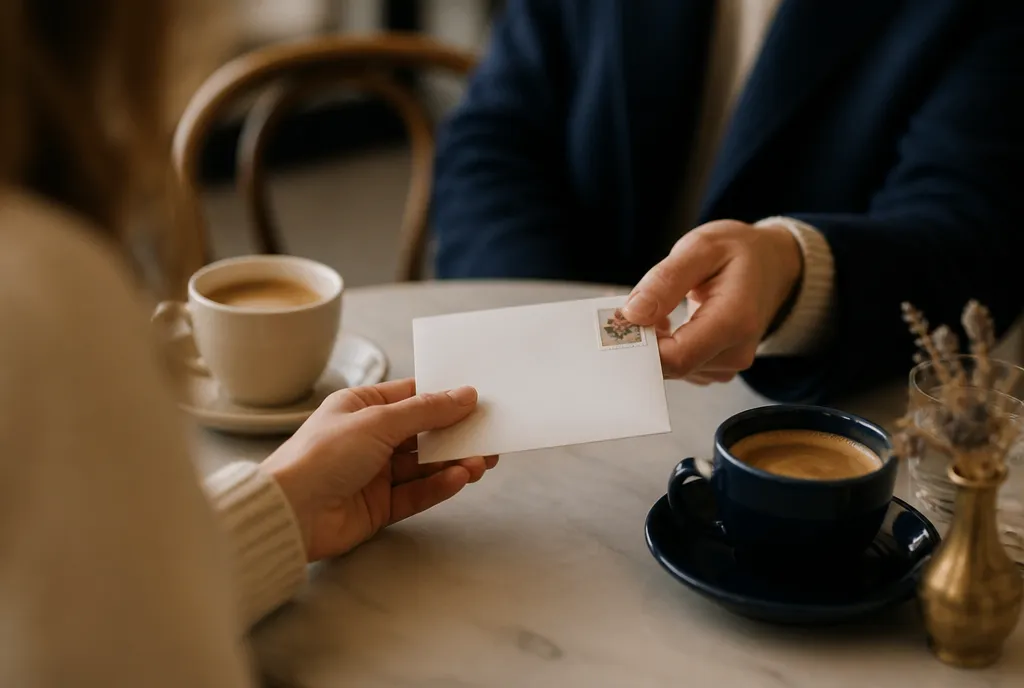 A card being passed between family members over coffee