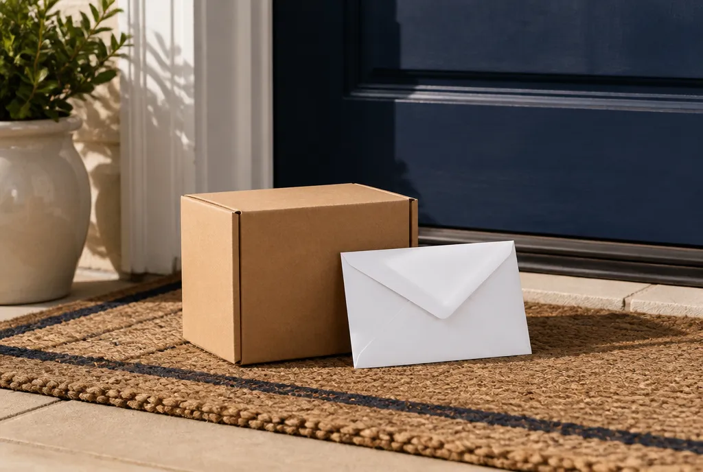 Welcome gift box and white envelope on a doorstep
