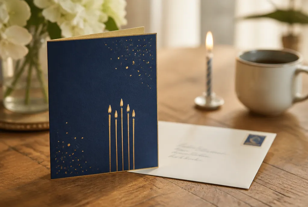A birthday card beside its white hand-addressed envelope
