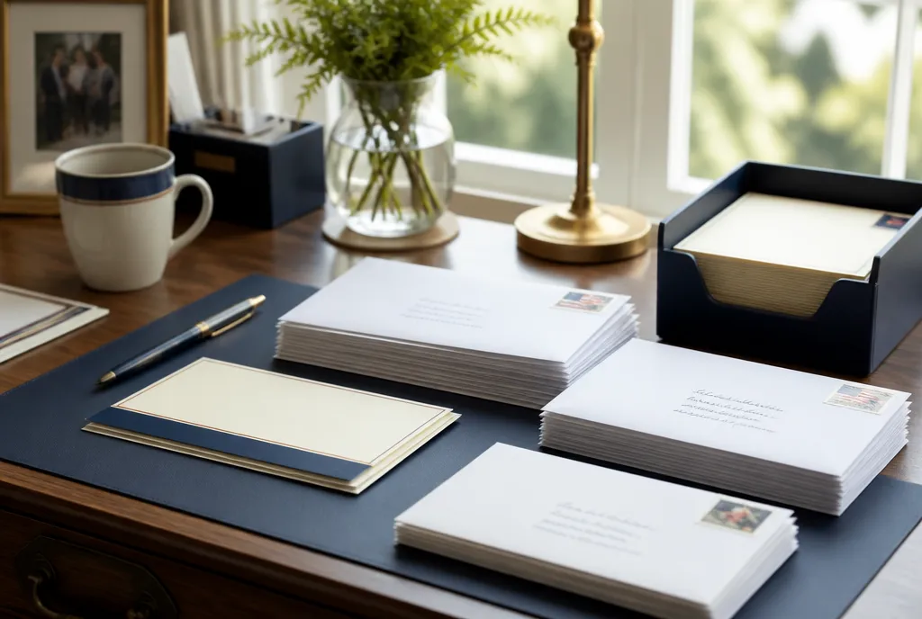 An agent's desk stacked with cards and postcards ready to mail