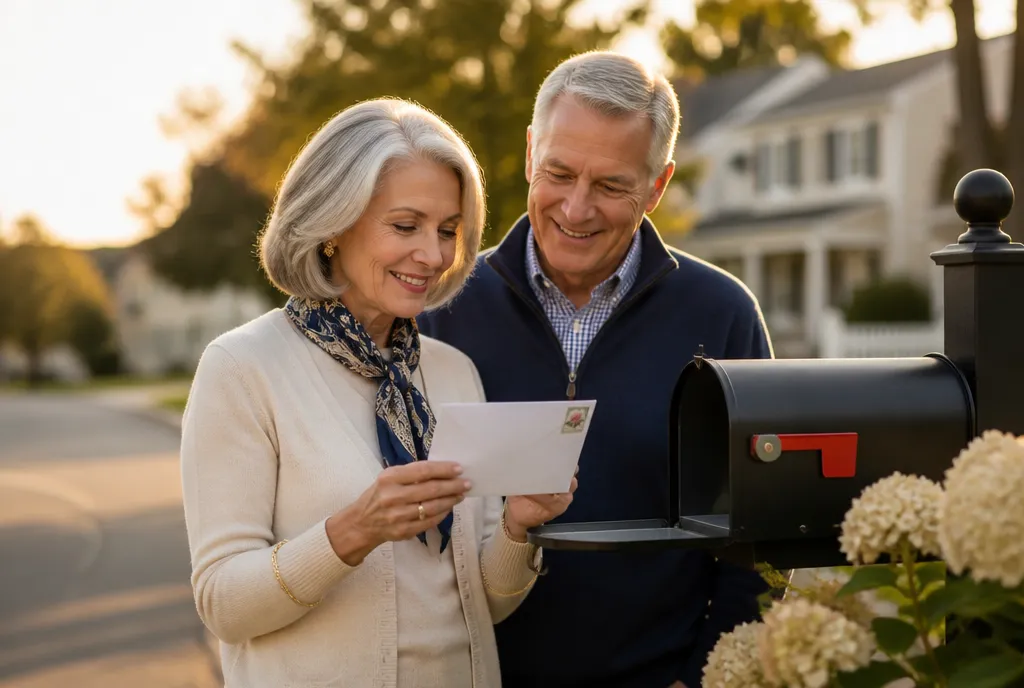 A couple in their mid-60s at their mailbox holding a white greeting card envelope